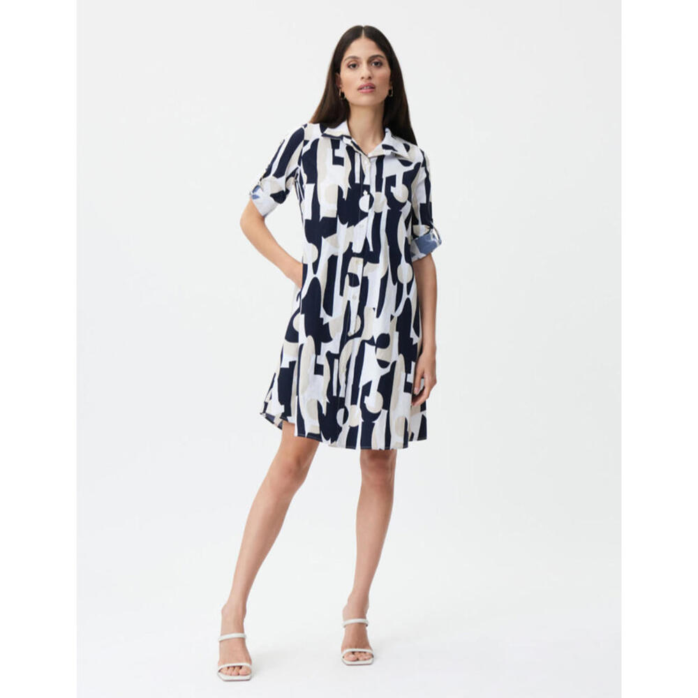 Joseph Ribkoff Abstract‎ Poplin Trapeze Dress Size 10 (UK 12) White Blue Beige